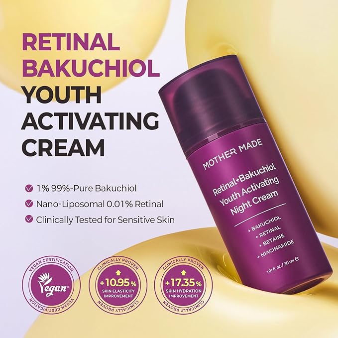 MOTHER MADE Retinol Bakuchiol Night Cream, 1 Fl Oz, Korean Retinal Face Cream to Firm Skin, Reduce Wrinkles, Fine Lines, Signs of Aging, Antiaging, Smoothing, Korean Skincare