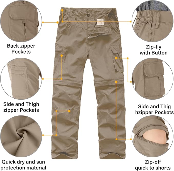 linlon Kids' Cargo Pants, Boy's Casual Outdoor Quick Dry Waterproof Hiking Climbing Convertible Trousers #9016