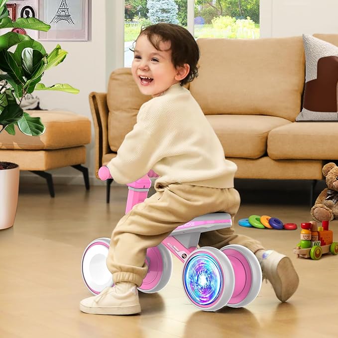 Colorful Lighting Baby Balance Bike Toys for 1 Year Old Girls Gifts, Toddler First Bike 12-24 Months with Adjustable Soft Seat, 4 Silent Wheels Ride on Toy, Perfect First Birthday Gift