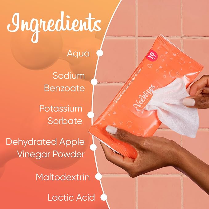 VeeFresh VeeWipes ACV (10pcs) - Apple Cider Vinegar Infused Wipes for Sensitive Vees- pH Balanced, Alcohol Free & Hypoallergenic Feminine Wipes for Women - Female Wipes for Maximum Hygiene