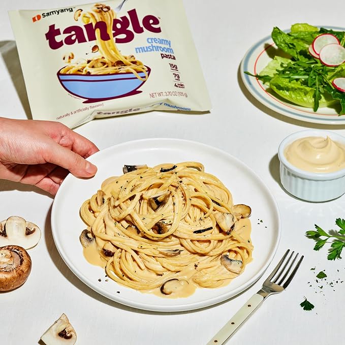 Tangle Creamy Mushroom Instant Pasta, 15g Protein Linguine, 7g Fiber 4-Pack | 15g protein, 7g fiber per serving; Chickpea-based air-dried noodle; Truffle and shiitake cream, non-spicy; Ready in 4 min
