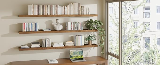 ROGMARS 72 Inches Long Walnut Floating Shelves | Rustic Solid Wood Farmhouse Wall Shelves with Invisible Brackets for Bathroom, Living Room, Bedroom, Kitchen Set of 3