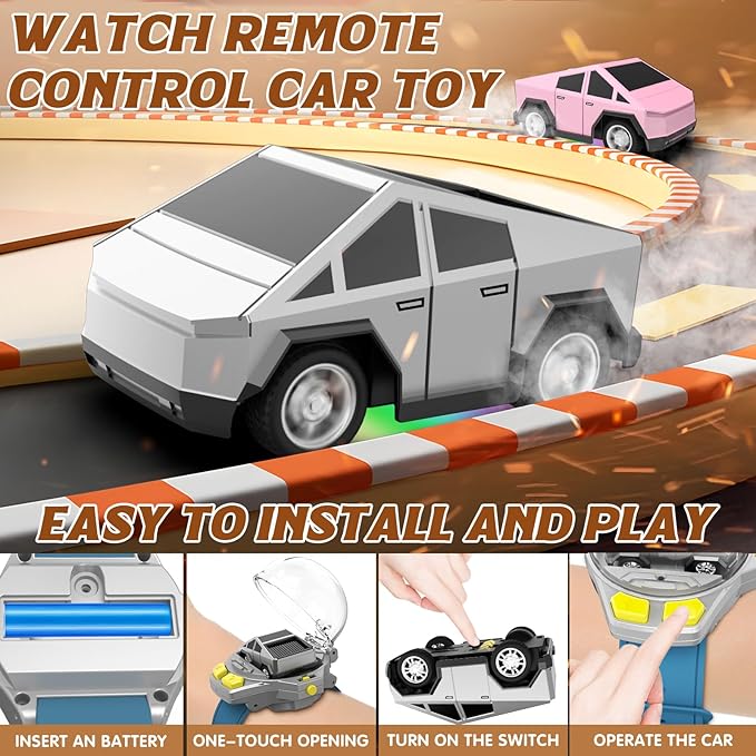 Watch Remote Control Car Toy, 2.4 GHz Mini RC Cars Watch Toy with LED Lights USB Charging Wrist Controlled Small Racing Car Interactive Game Toys for Kids Boy Girl Birthday Christmas