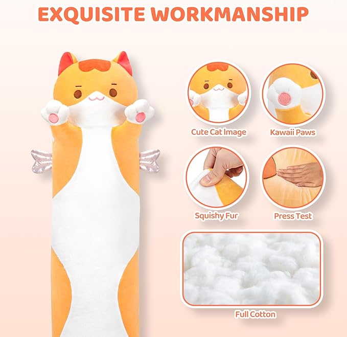 Long Cat Plush 5 Sizes, 120% Extra Filling Giant Plushness Kids Body Pillow, Kawaii Cute Brown Cat Stuffed Animals Plushies, Big Long Body Pillow Cat Plush Gift for Girls 44”