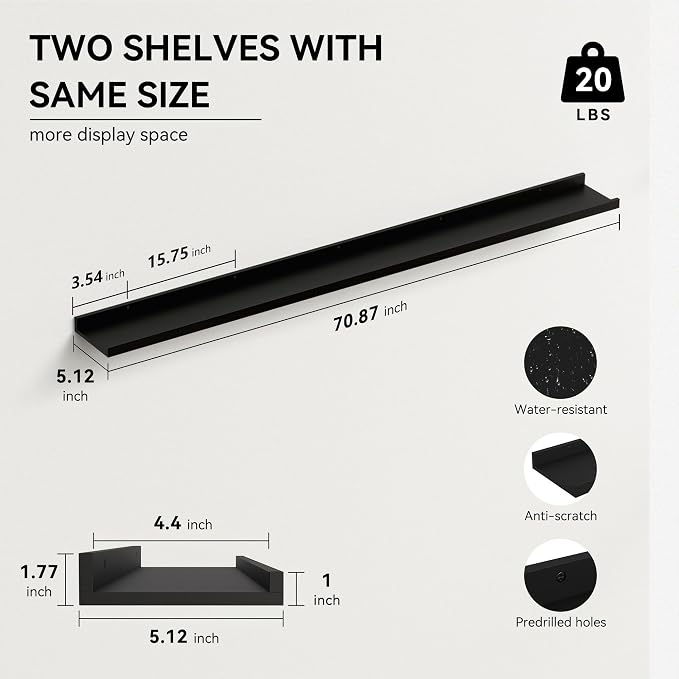 Boswillon Floating Shelves Set of 2, Long Wall Shelf with Lip, 72in, Black | Display Ledge Shelf for Room Wall, Wall Decor Shelves for Bathroom, Living Room, Bedroom, Kitchen, Nursery Room, Modern, Wood