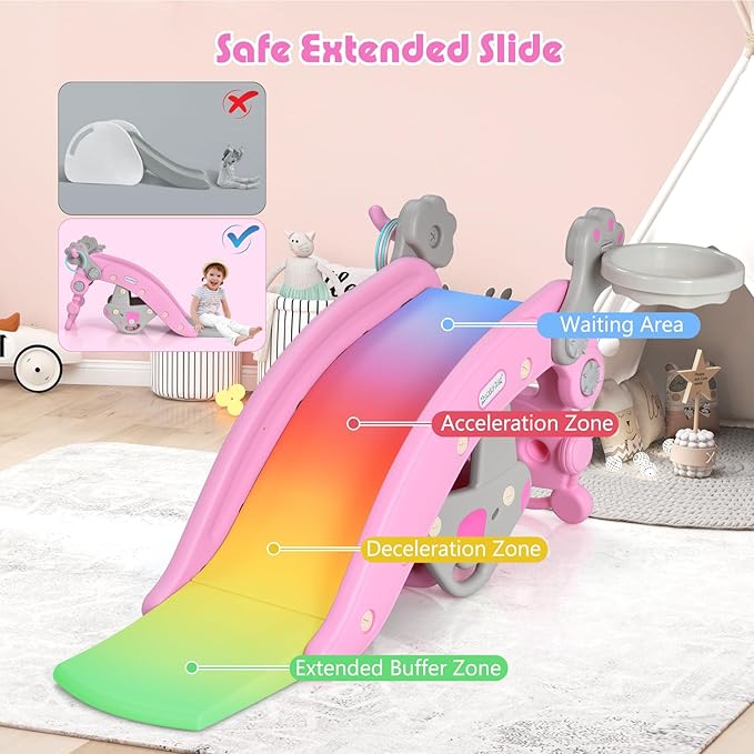 HONEY JOY Toddler Slide Rocking Toy, 6 in 1 Convertible Freestanding Slide for Kids w/Basketball Hoop/Ring Toss Game/Rocking Horse/Stool, Foldable Baby Climber Playground Slide for Indoors Outdoors