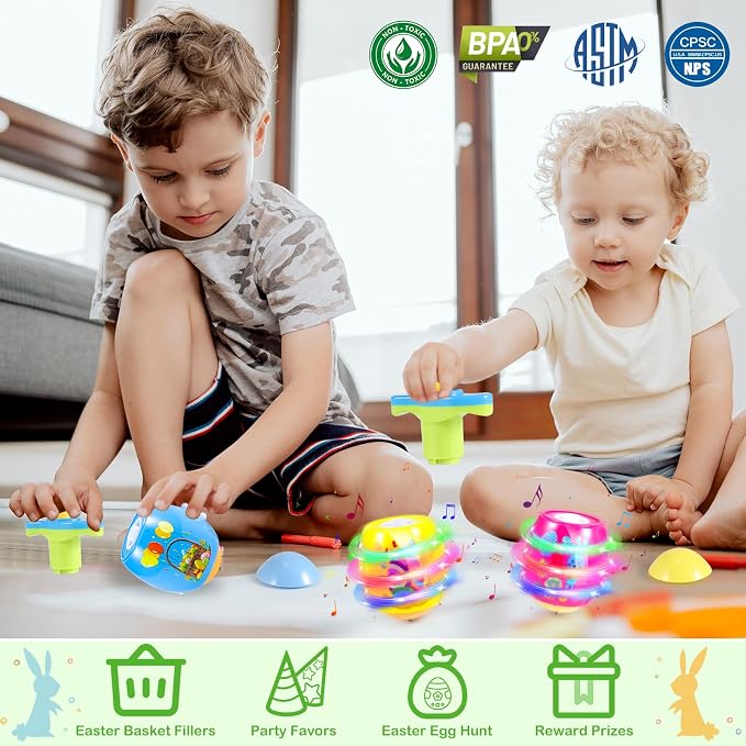 6 PCS Easter Basket Stuffers for Toddler Kids, Light Up & Singing Spinning Top with Flash, Easter Eggs Hunt Party Favor Toy Gifts, Kids Goodie Bag Fillers, Easter Gifts for Boys Girls 3+, Decorations