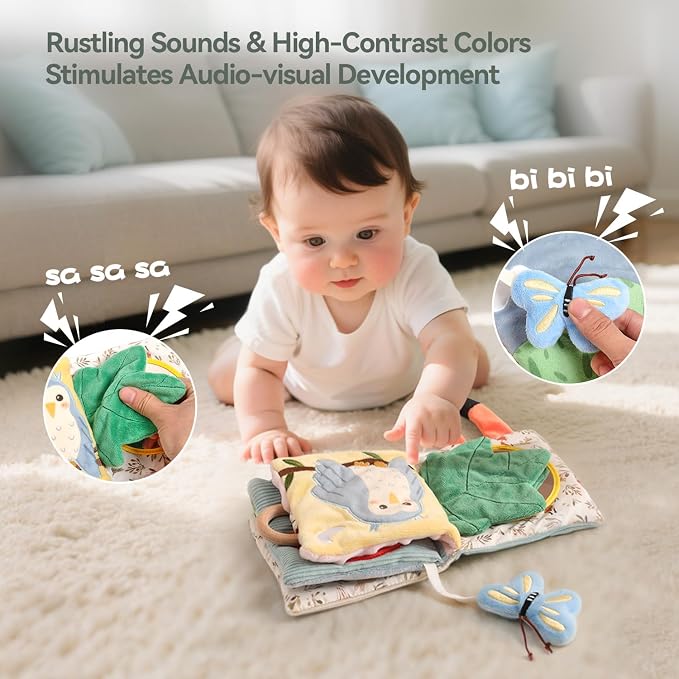 let's make Elephant Soft Baby Books for 0-6-12 Months, Montessori Sensory Tummy Time Toys with Crinkle & Mirror, Teething Toy, Washable Newborn for Boys Girls