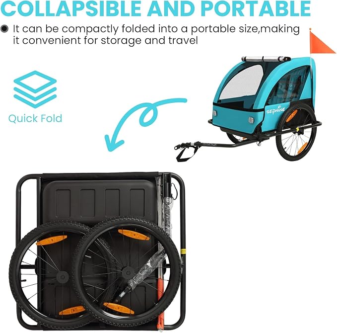 Sepnine Kids Bike Trailer, Suitable for 1 to 2 Children, Double Seat, Universal Coupler, Foldable, Canopy with Bug Screen and Weather Shield, with 5-Point Harness and Storage Bags