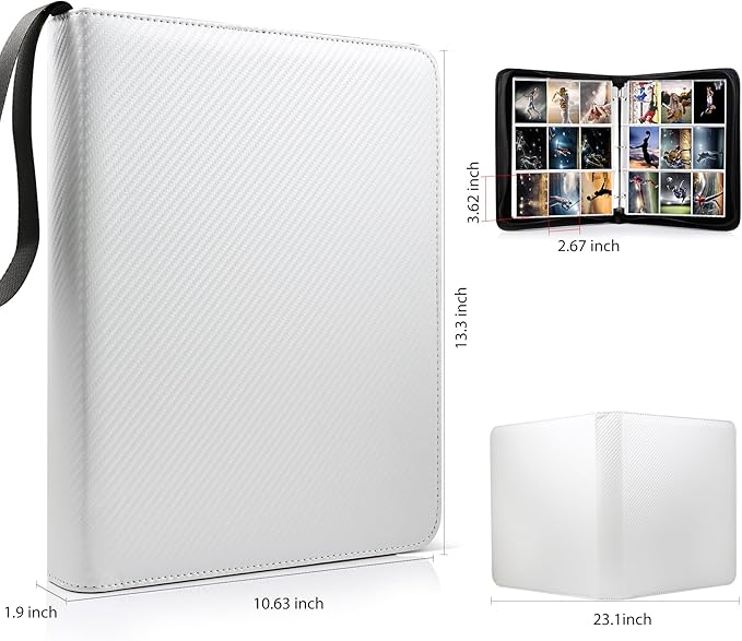 WOT I Trading Card Binder, 900 Pockets Baseball Card Binder Sleeves with Zipper, Double Sided Pockets Card Holder Carry Card Case for Baseball Card, Football Card(Silvery White), WO-CB-9-10