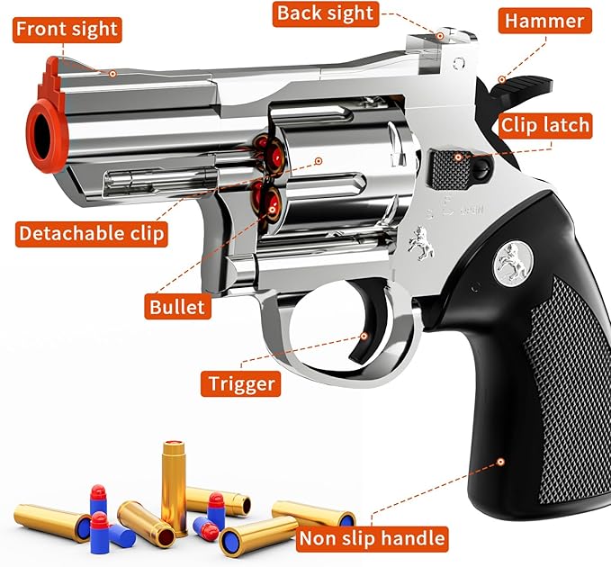 Toy Gun Foam Blaster Soft Bullet Toy Revolver,Can fire Sponge Bullets,with 40 Bullets,for Age of 6 7 8 9 10+ Years Old Kid Boys Girls（Silver）