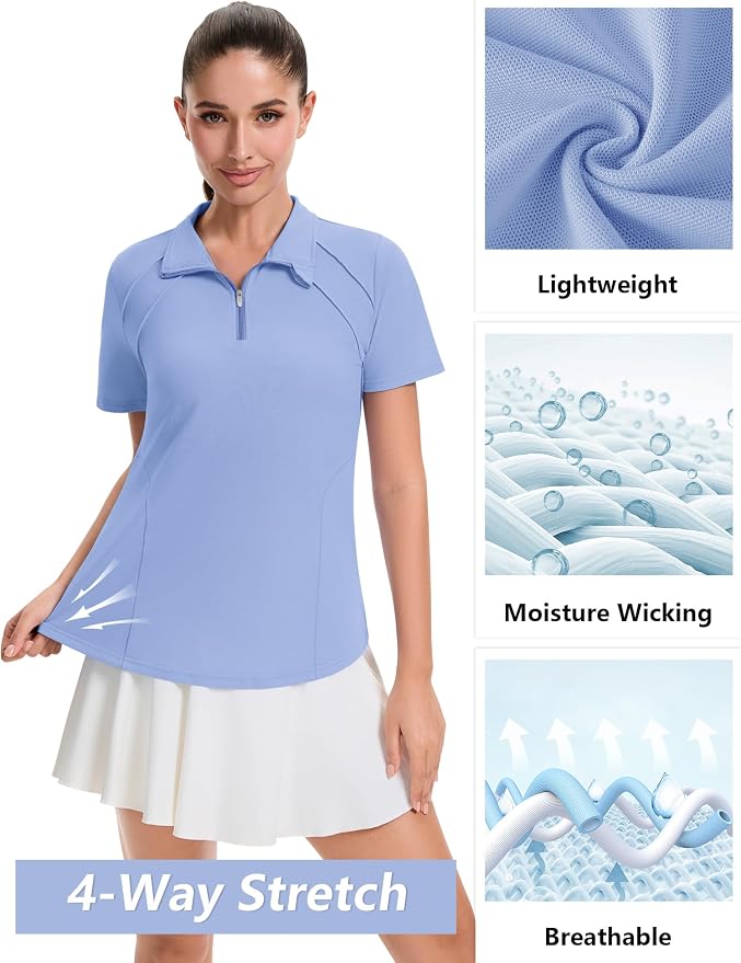 LOMON Womens Golf Polo Shirt Summer Short Sleeve Quarter Zip Outfit | Side-Pockets,Princess Seams,Cotton,Wrinkle Free,Moisture Wicking,Quick-Dry,Lightweight,Collared,for Tennis Workout