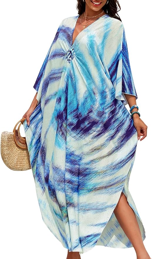 ChiaoLezhee Print Moo-Moos for Women, Kaftan Cover-Up Dresses, Sexy V-Neck High-Slit, Beach Pool-Party Coverups Muumuu Plus
