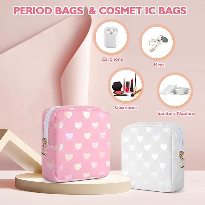 Likesing Period Bag Pouch, Leather Sanitary Napkin Storage Bag for Girls Womens, Portable Sanitary Napkin Period Pad Pouch Bag for Purse, Small Make Up Bags(Pink LOVE)