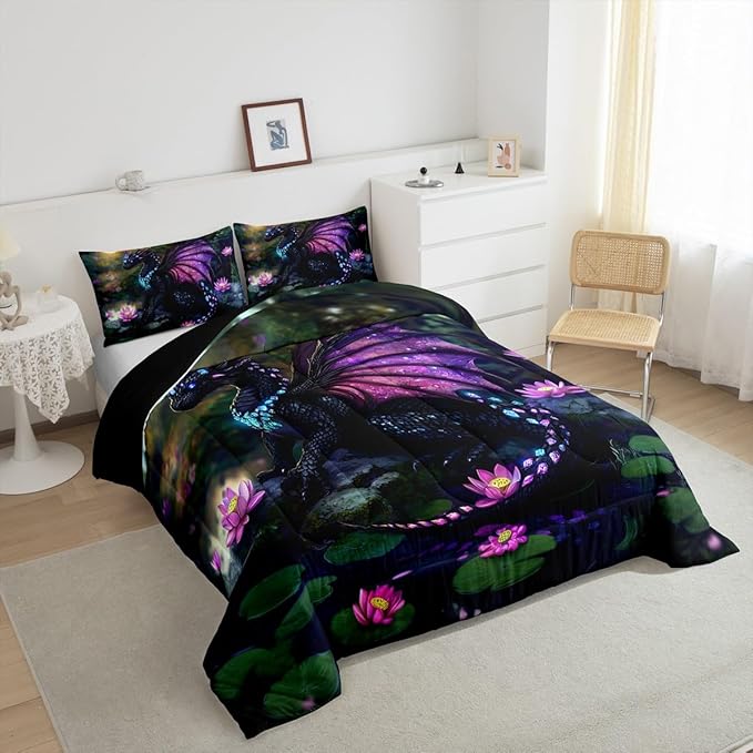 Feelyou Dragon Comforter Set King Size Dragon Stuff Comforter for Boys Girls Teens Wild Life Bedding Set Lotus Flower Duvet Set Room Decor Green Purple Quilt Set