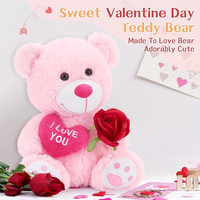 12" Teddy Bear with Heart, Cute Pink Teddy Bear Stuffed Animals for Valentines Soft Bear Plushie Toy Stuffed Bear Plush Gifts for Girlfriend Kid