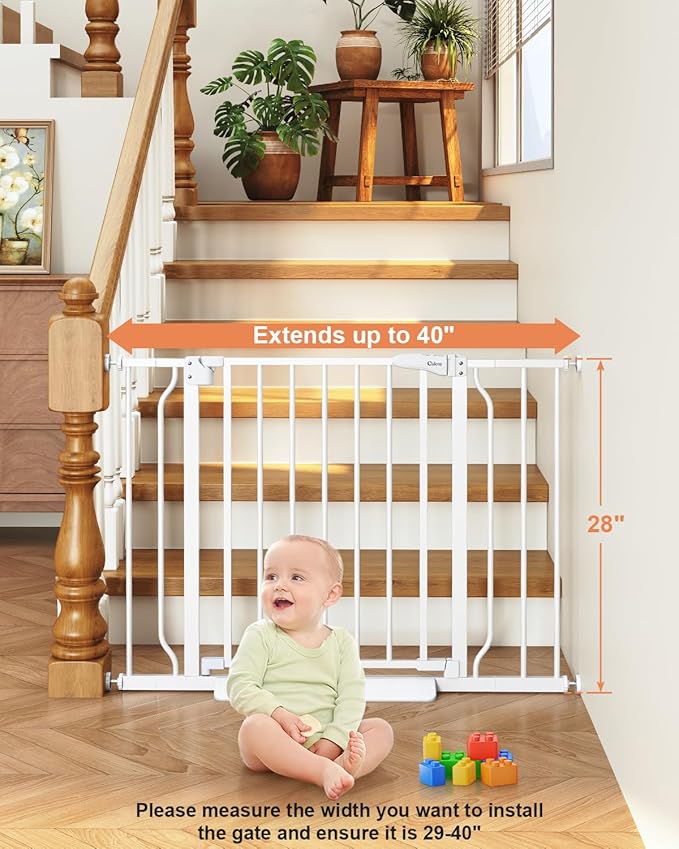 Baby Gate No Drilling, 29"-40" Auto Close Dog Gate Indoor for Doorways & Stairs, Pressure Mounted Adjustable Pet Gate, Easy Walk Through Child Gate for Children & Pets Stroller Friendly, White