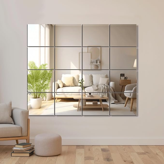 Delma Frameless Mirror Tiles 12"x10"x16 Pcs Wall Mounted | Shatter Resistant, Full Length, Tempered Glass Panels, For Home Gym Bathroom Bedroom & Living Room Decor