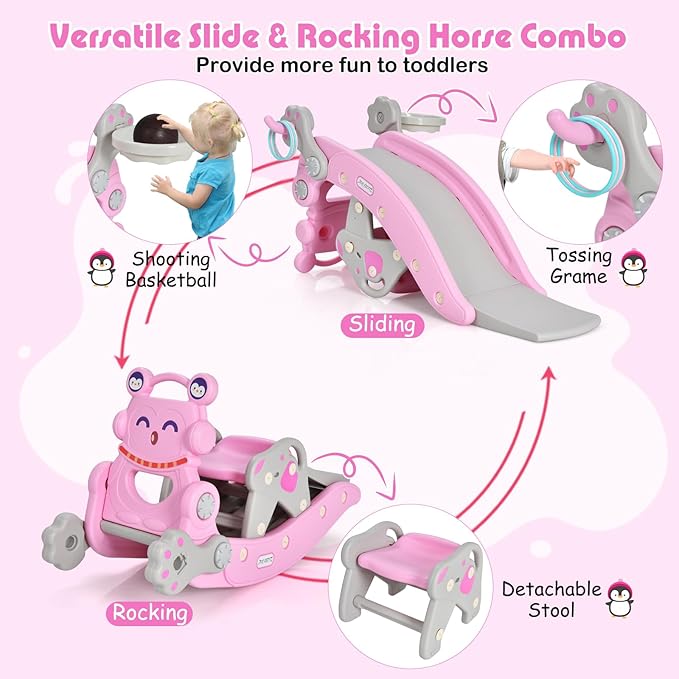 HONEY JOY Toddler Slide Rocking Toy, 6 in 1 Convertible Freestanding Slide for Kids w/Basketball Hoop/Ring Toss Game/Rocking Horse/Stool, Foldable Baby Climber Playground Slide for Indoors Outdoors