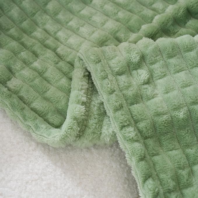 Puncuntex Fleece Throw Blanket Sage Green 108"×90" with Square Grid Design | Super Soft Plush Cozy Flannel Throw Blanket Luxury for Couch Sofa Chair