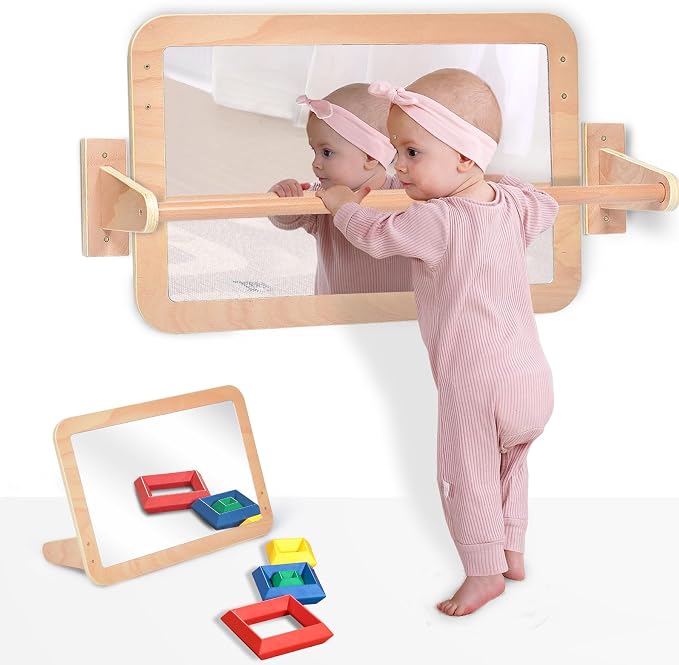 Montessori Baby 2-in-1 Shatterproof Safety Mirror with Pull-Up Bar - Infant Wall Mount & Floor Play for Tummy Time (6-18 Months)
