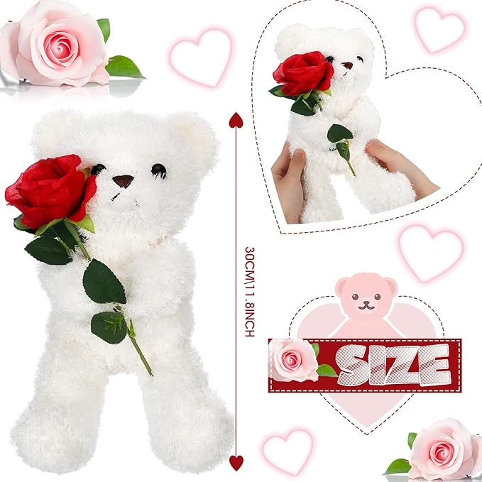 Civaner Bear Stuffed Animal Gift with Rose Funny Cute Bear Stuffed Animal Plush Gift for Mother Girlfriend Birthday Wedding, 11.8 Inches(White)