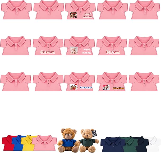 15 Pcs Personalized Teddy Bear Clothes with Name Photo, Custom Stuffed Animal Clothing Fit 8-16 inch Bears Clothes for Stuffed Animals, Doll Clothing Make Your Own Plush Doll Shirt