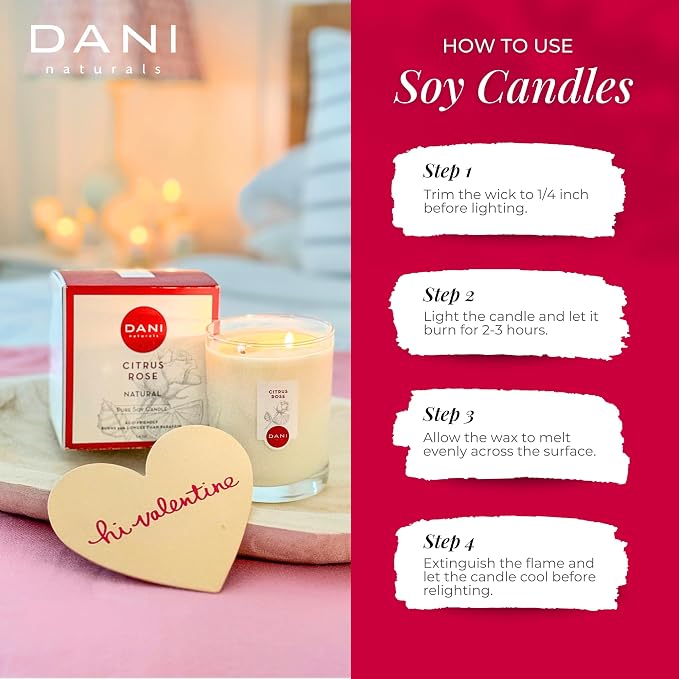 DANI Naturals Citrus Rose 100% Soy Wax Candle, Non-Toxic, 7.5oz | Vegan,soy wax candle,Clean-burning with organic cotton wick,Bright citrus rose scent,Made in USA