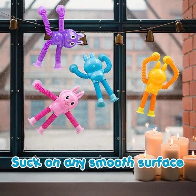 Pop Tubes Bunny Fidget Toys for Kids, 4Pack Fidget Pop Toys Telescopic Suction Cup Toy for Stress and Anxiety Relief, Stocking Stuffers Gift for Kids and Toddlers (4Pack Rabbit)