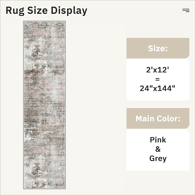 Soalmost Abstract Runner Rug 2x12 Hallway Kitchen Runners Pink/Grey | Vintage Washable Rugs for Bathroom Laundry Room, Low Pile Stain Resistant Floor Carpet Mat Entryway Corridor Bedroom