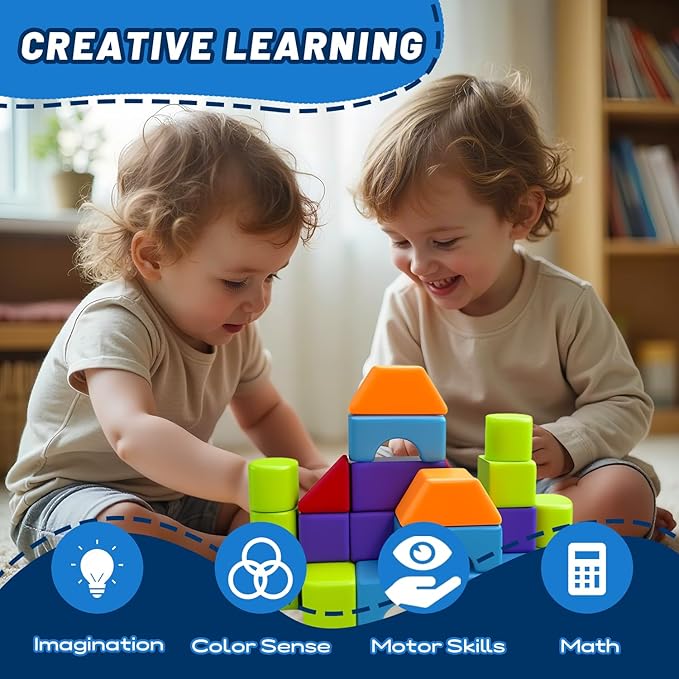 Magnetic Blocks for Kids, Magnet Building Blocks - Large 1.65 Inch Magnetic Cubes & Multiple 3D Shapes, Montessori & Sensory Stacking Toys for Boys & Girls Ages 3+ (22PCS)