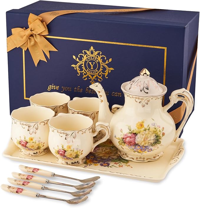 YOLIFE Porcelain Tea Set, Vintage Flowering Shrubs Teapot and Cups Set for Tea Party, Birthday Gifts for Mom Adults Women Wedding