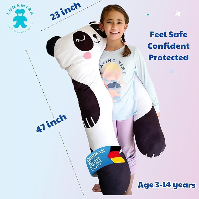 LUNAMIRA Panda Kids Body Pillow - 47" U-Shape Long Plush Soft Animal Pillow for Kids, Sleeping, Reading, ADHD & Special Needs Comfort, Anxiety, Washable Cover, Snuggle Fun Cuddle Gift for Boys & Girls