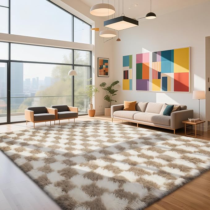 Checkered Rug for Living Room, 9x12 Beige and White Area Rugs, Classic Checkered Carpets Shag Area Rug, Bedside Rugs for Living Room Bedroom Room Home Decor