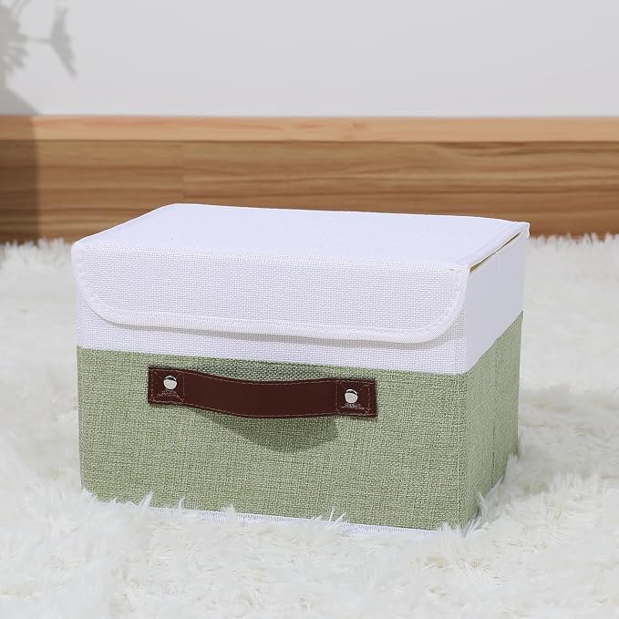 ANMINY Fabric Storage Box Bins with Lids, Green White, 10"x8"x7" | Keepsake Memory Storage, Cotton Linen, PP Board Reinforced, Washable, PU Handles, Foldable & Stackable, Decorative, Small