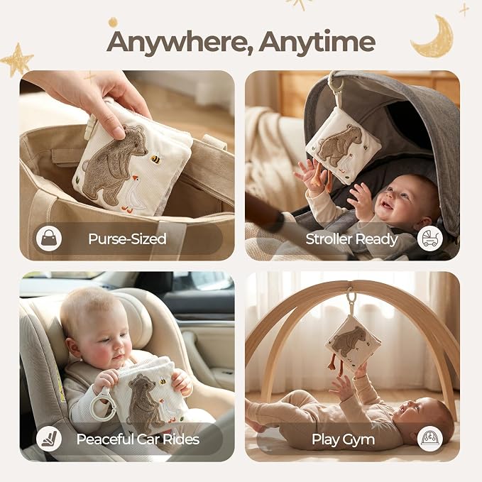 let's make Soft Baby Book, Sensory Crinkle Cloth Books for Babies 0-12 Months, Bear Goose Tummy Time Toy with Shatterproof Mirror, Squeaker, Food Grade Silicone Teether, Washable Stroller Newborn Gift