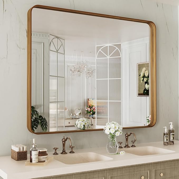 LOAAO 40X30 Inch Bathroom Mirror with Wood Grain Colored Metal Frame | Rounded Rectangle Metal Framed, Anti-Rust, Hangs Horizontally or Vertically, Tempered Glass