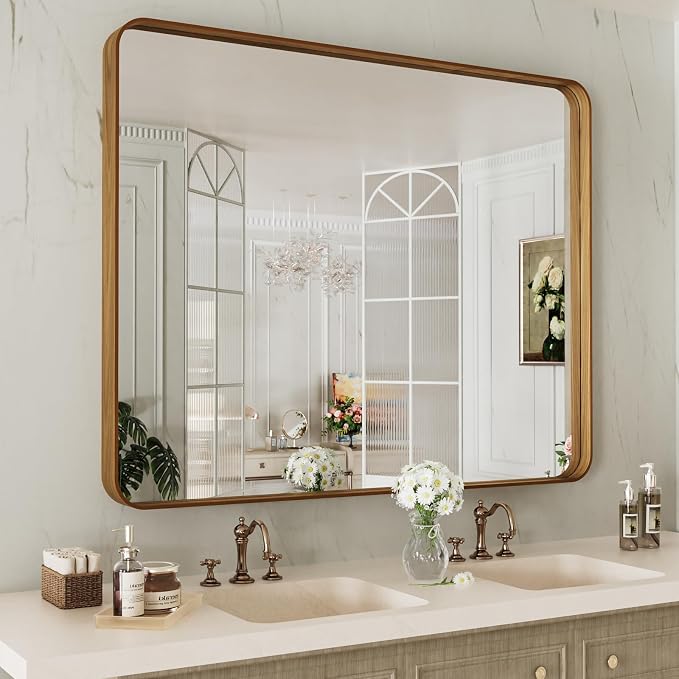 LOAAO 40X32 Inch Bathroom Mirror with Wood Grain Colored Metal Frame | Rounded Rectangle Metal Framed, Anti-Rust, Hangs Horizontally or Vertically, Tempered Glass
