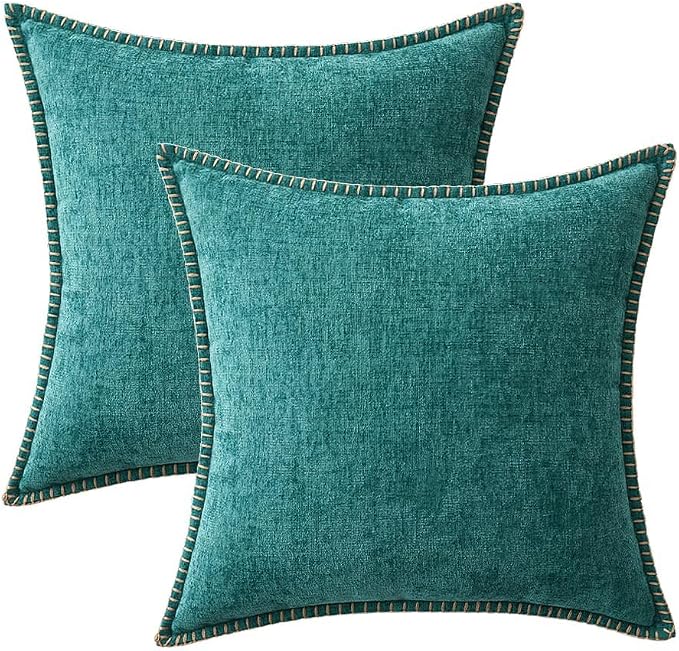 MIULEE Decorative Couch Throw Pillow Covers 16x16 Inch Teal 2 Pack | Farmhouse Pillow Covers with Stitched Edge, Soft Chenille Cushion Cases, for Sofa Bed Living Room Home Decor
