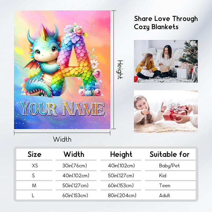 Custom Blanket with Name for Girls & Boys - Dragon Blankets Gifts for Dragon Lovers - Personalized Initial Throws for Daughter Son - 30"x40" Kids Throw for Couch, Office
