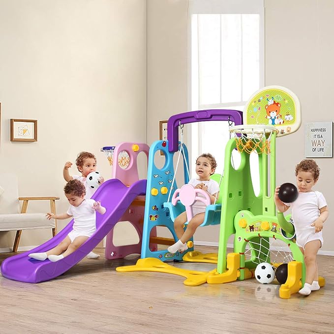 Costzon 6 in 1 Toddler Slide and Swing Set, Kids Large Climber Slide Playset with Basketball Hoop and Football Gate, Playground Swing Set for Indoor Outdoor Backyard 3-10 Gifts Presents