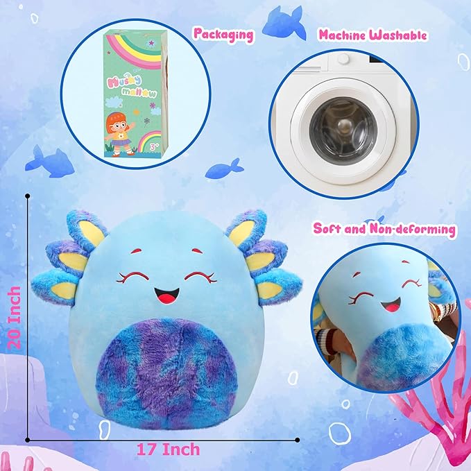 20-Inch Blue Axolotl Plush Pillow Jumbo Axolotl Throw Pillow Cute Plush Toy Giant Soft Hugging Stuffed Animal Birthday for Kids Adults