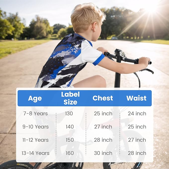 Gogokids Boys Cycling Jersey Youth Bike Suit with 3D Cushion, Kids Teen Short Sleeve Bicycle Clothes