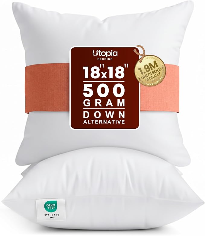 Utopia Bedding 18x18 Pillow Inserts, White Throw Pillows for Couch, 2 Pack | Indoor cushion inserts for bed, sofa & couch, Supportive & fluffy decorative pillows for everyday comfort, Set of 2, White