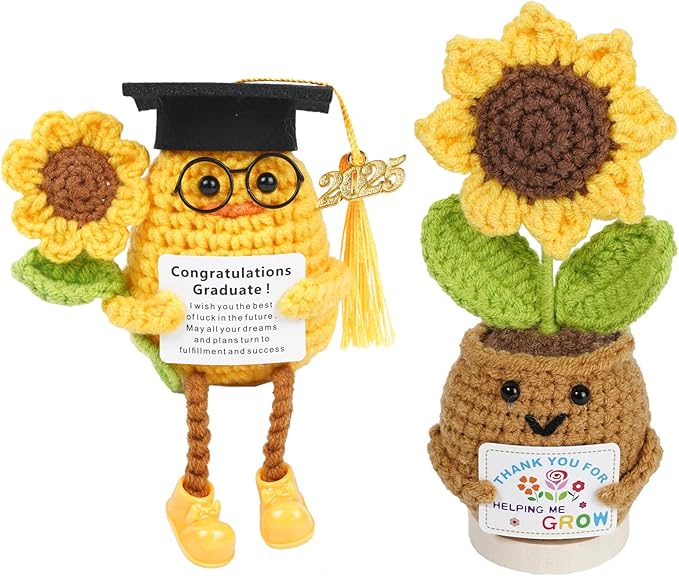 Positive Crochet Animals Graduation Duck and Crochet Sunflower, Emotional Support Crochet,Funny Mini Cute Handmade Emotional Support Plush Gifts for Women Men Xmas Holiday Home
