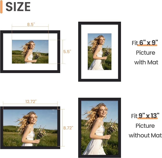 upsimples 9x13 Frame, Display Pictures 6x9 with Mat or 9 x 13 Without, Wall Hanging Photo Frames, Black, 1 Pack