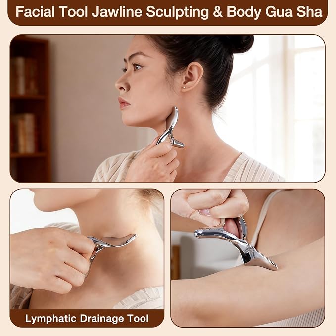 all in1 Stainless Steel Gua Sha Trigger Point Massage Tool Acupressure Deep Tissue Massager Muscle Tension Relax TMJ Headache Body Pain Relief Gua Sha Facial Tool Jawline Sculpt Muscle Scraper