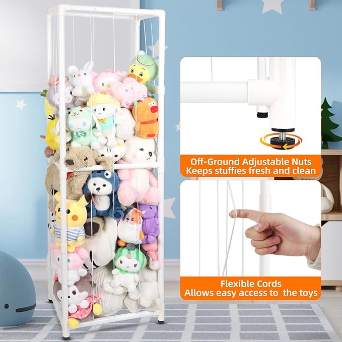 Stuffed Animal Storage Zoo Stuffed Animal Holder,Off-Ground and Space Save Vertical Stuffed Animals Organizer PVC with Elastic for Bedroom Playroom Nursery (White, Large)
