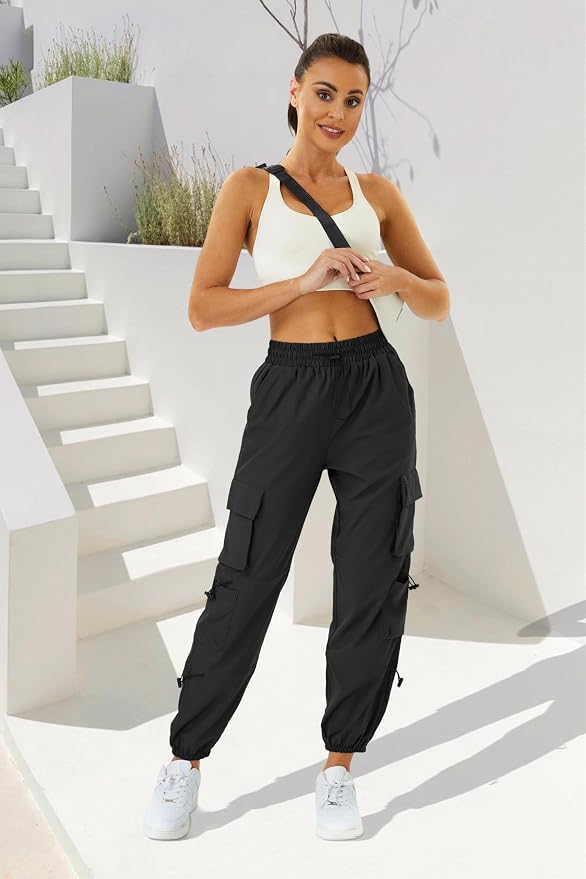 COPYLEAF Womens Parachute Cargo Pants with Pockets Quick Dry Hiking Pants Lightweight Water-Resistant Baggy Joggers