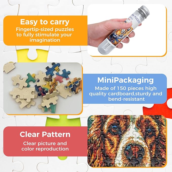 150 Pieces Mini Jigsaw Puzzles for Adults & Kids,6 x 4 Inches,Mini Puzzles,Travel Puzzle,Small Puzzles Challenging Difficult Puzzle,3 Pack Colorful Animals